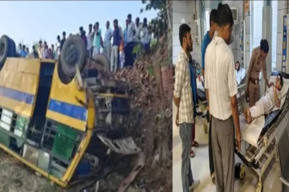 A school bus lost control and overturned into a ditch in the Rohta area of Meerut injuring a dozen 1793174400